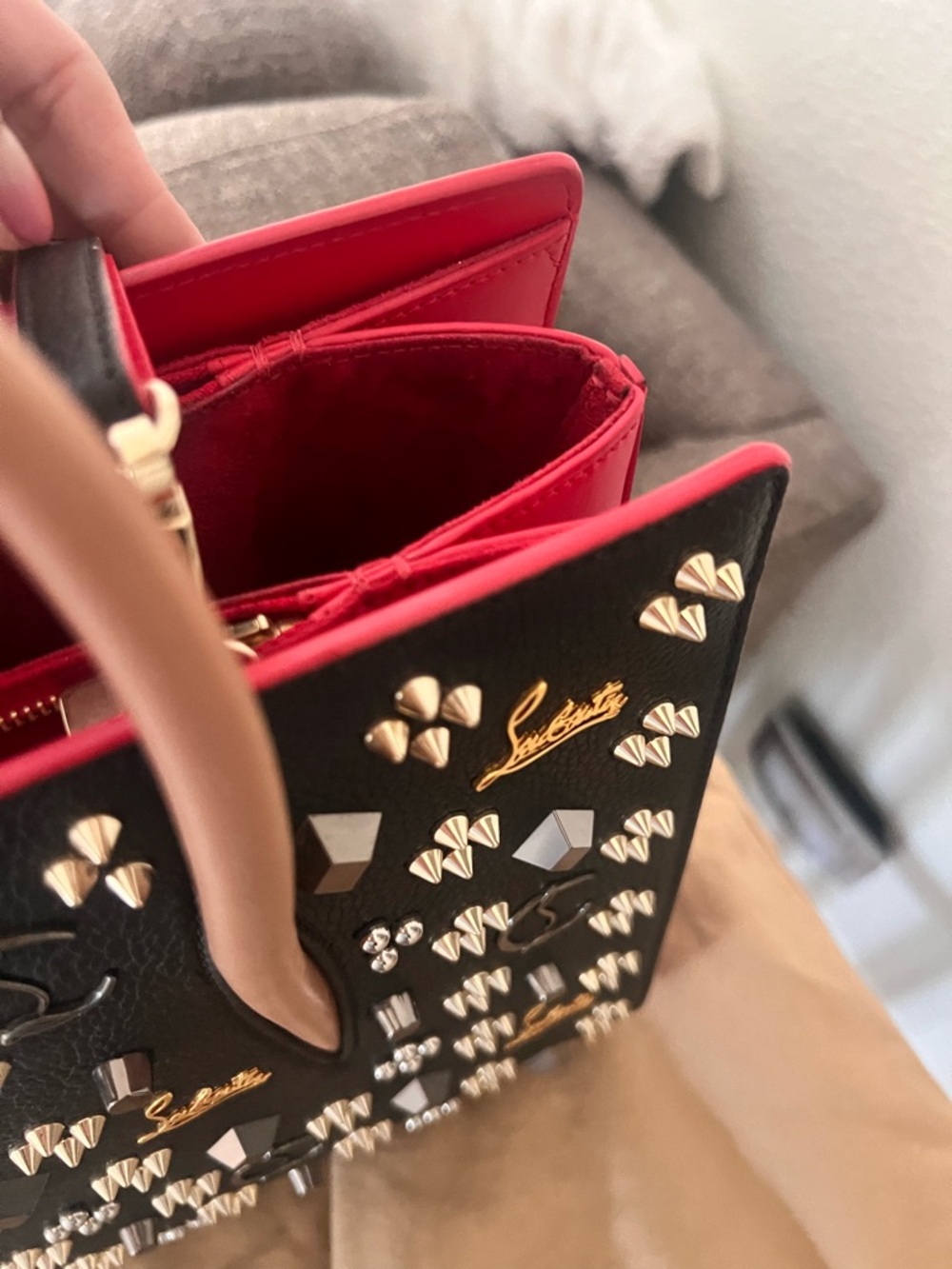 Christian Louboutin Paloma Black Studded Tote with Tan Handles medium - Picture 4 of 11